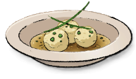 A white dish with three beige balls with green herbs draped across the top. This is the Canederli recipe from LumenTale