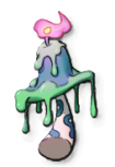 A mushroom dripping in green goop with a pink flame on top of it
