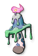A mushroom dripping in green goop with a pink flame on top of it