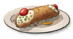 A cannoli on a white plate with two red cherries at the end