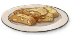 A plate full of biscuit-looking food items with white chunks in them