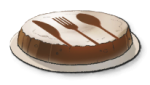 A flat cheese with a knife, fork, and spoon indention 
