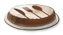 A flat cheese with a knife, fork, and spoon indention 