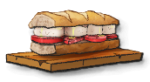 A sandwich with mozzarella cheese and tomatoes on a wooden plate.
