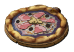 A pizza with grey sauce, chunks of red meat and mushrooms in the middle
