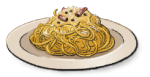 A white plate full of long thin noodles coated in a white sauce with chunks of meat