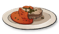 A chunk of roasted meat with red sauce dripping down the side. This is the Carne e Salsa recipe from LumenTale