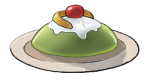 A green jello-like dome with white cream on top and fruit