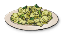 A white plate of tortellini with green herbs scattered throughout. This is the Cime di Rapa in LumenTale