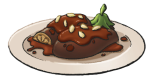 A white plate with cooked Aubergine on it and a brown sauce with sesame seeds
