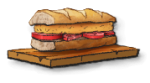 A sandwich on a wooden square plate. This is the Cotolino in LumenTale