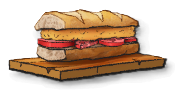 A sandwich on a wooden square plate. This is the Cotolino in LumenTale