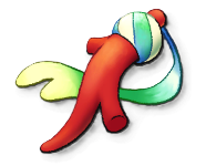 A red, upside down horn with a green and white ribbon attached to the stem
