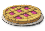 A pie with pink filling and a checkered crust