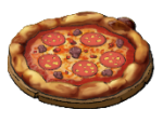 A pizza with pepperoni and spices on it. This is the Diavola from LumenTale