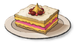 A delicious-looking square slice of cake with raspberry layers in the middle