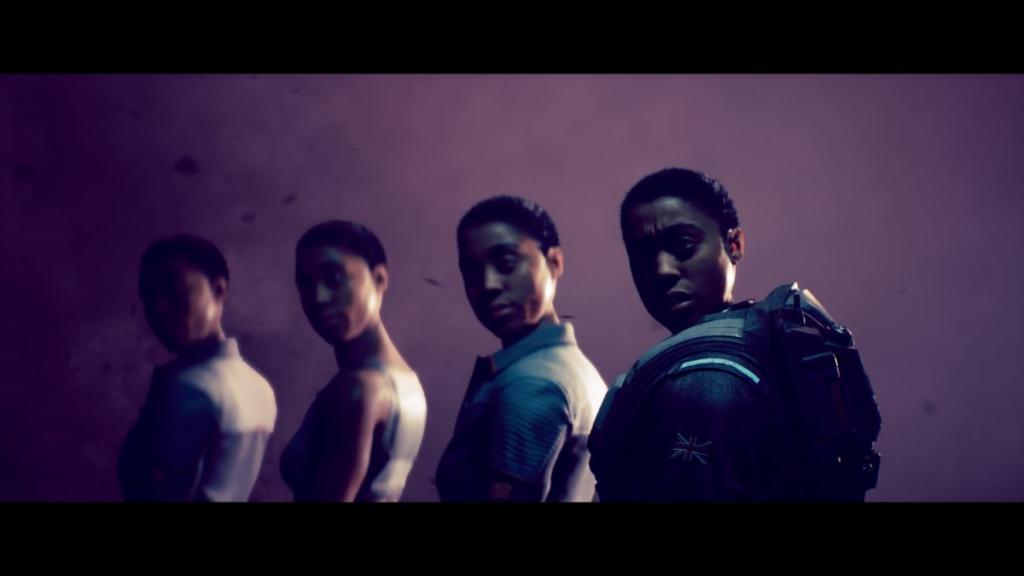 young with multiple clones of her standing in a row, looking at the camera