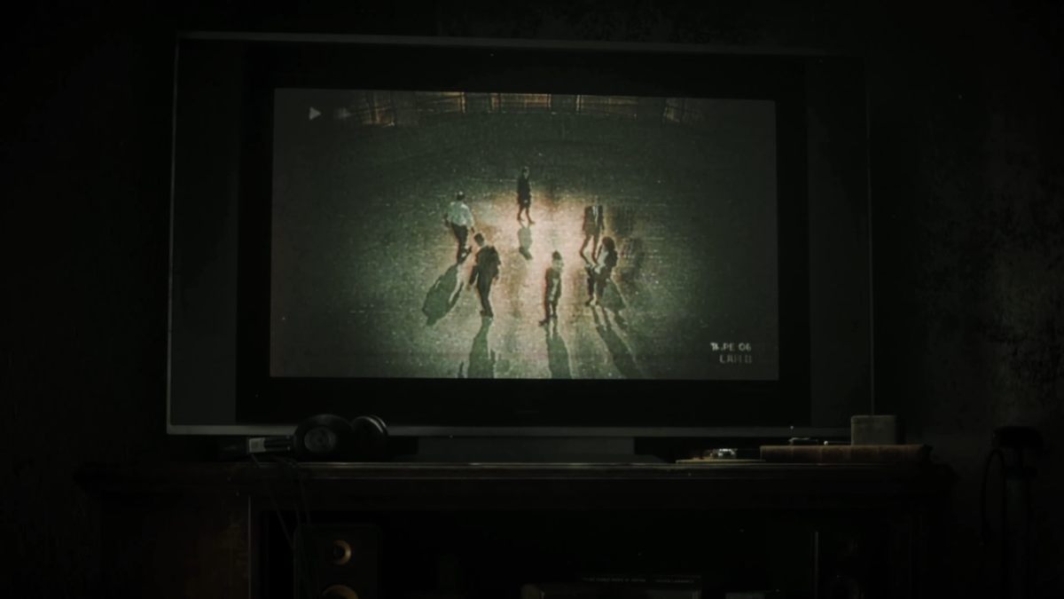 VHS tape showing people walking in unison in a circle