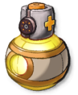 A yellow, orange, and white roundish bottle with a spray nozzle