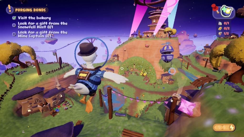 A duck wearing a blue shirt and a detective hat flies through space on top of a green asteroid island.