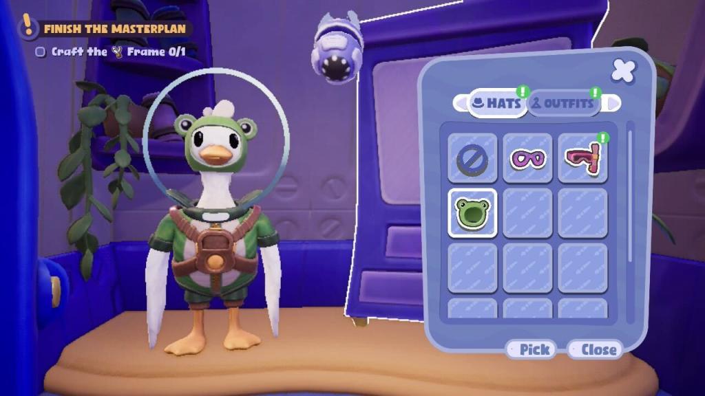 Doug the duck wearing a frog costume in a customization menu.