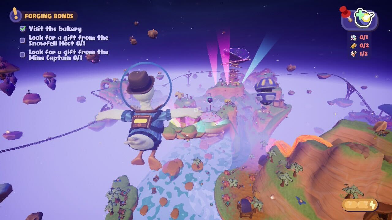 Doug the Duck wearing a detective hat flies in space over floating islands.