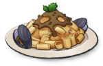 A pile of cylindrical pasta with molluscs on the side of the dish and a dark brown gravy on top
