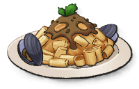 A pile of cylindrical pasta with molluscs on the side of the dish and a dark brown gravy on top