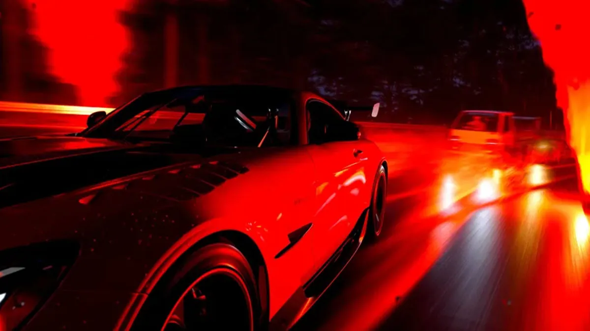 A car being hit by red lights in Forza Horizon 6