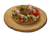 A circular wooden plate with a bowl on top full of salad
