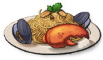 A white plate with a heap of thin long pasta surrounded by fish bits like a crab claw and clams.