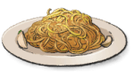 A pile of long stringy noodles with garlic cloves on the side. This is the Fuorisede from LumenTale