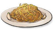A pile of long stringy noodles with garlic cloves on the side. This is the Fuorisede from LumenTale