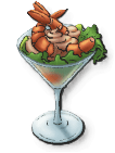 A cocktail glass with leaves and shrimp in it