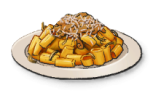 A plate of hollow, round noodles with stringed cheese on top
