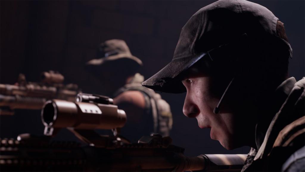 Side shot of Josh and Nick aiming down sights
