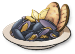 A white bowl of clams with slices of grilled bread standing vertically on the side.