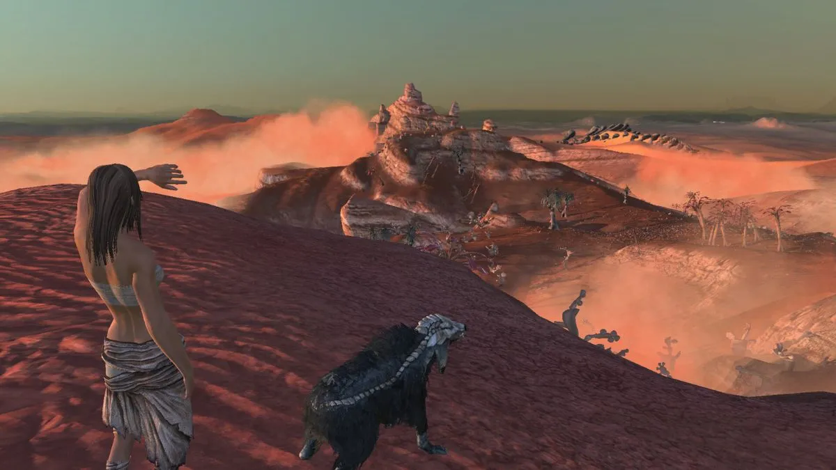 Two character, a dog and a human, look out over the desert landscape of Kenshi.