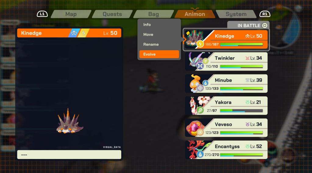 A screen from LumenTale showing the player's party and the option to evolve Kinedge