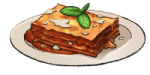 Lasagna on a white plate from LumenTale