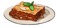 Lasagna on a white plate from LumenTale