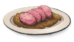Image of a white dish with a brown bed of rice and pink meat layered across the top. This is Lenticchino from LumenTale