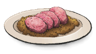 Image of a white dish with a brown bed of rice and pink meat layered across the top. This is Lenticchino from LumenTale