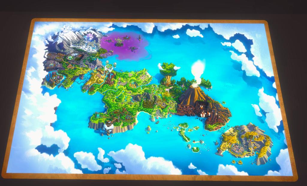 A map in LumenTale showing off Talea, a large island with a volcano in the center surrounded by blue ocean.