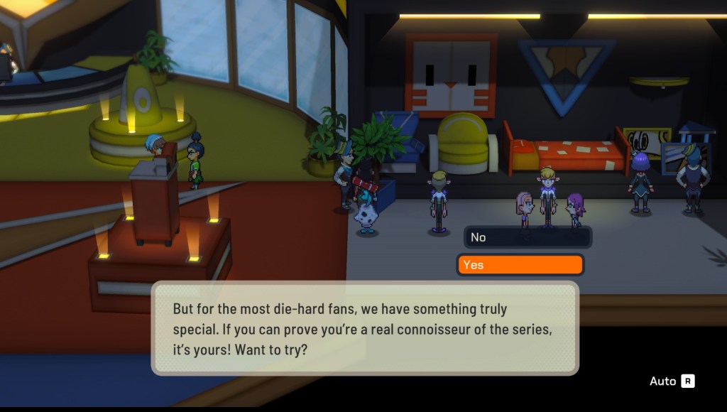 Trey stands next to a man in the Anilord house and a dialogue box shows at the bottom of the screen asking if Trey wants to take a quiz