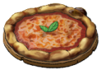 A round margherita Pizza from LumenTale with two leaves of basil on top.