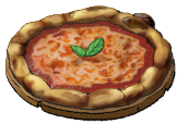 A round margherita Pizza from LumenTale with two leaves of basil on top.