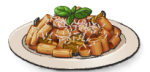 A white plate of cylindrical pasta with thin cheese and green leaves on top. This is the Norma recipe from LumenTale