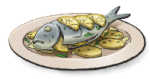 A white plate with slices of potato and fish. This is the Orata al Forno recipe in LumenTale