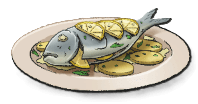 A white plate with slices of potato and fish. This is the Orata al Forno recipe in LumenTale